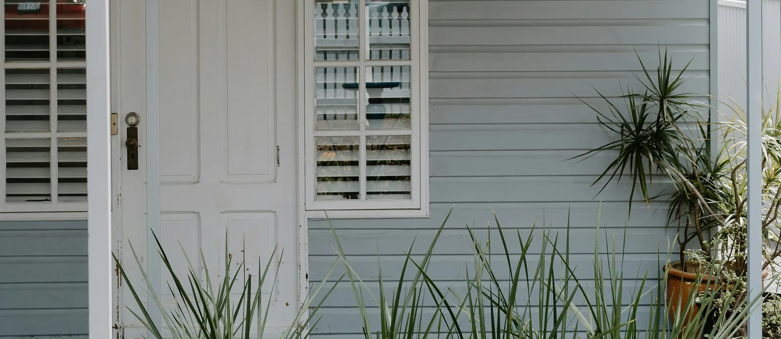 A front door and window on a weatherboard home, with plants growing beside the path